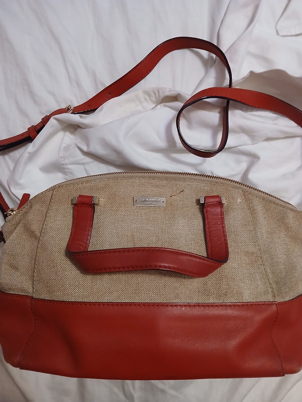 kate spade Red and Beige Canvas & Leather Shoulder Bag